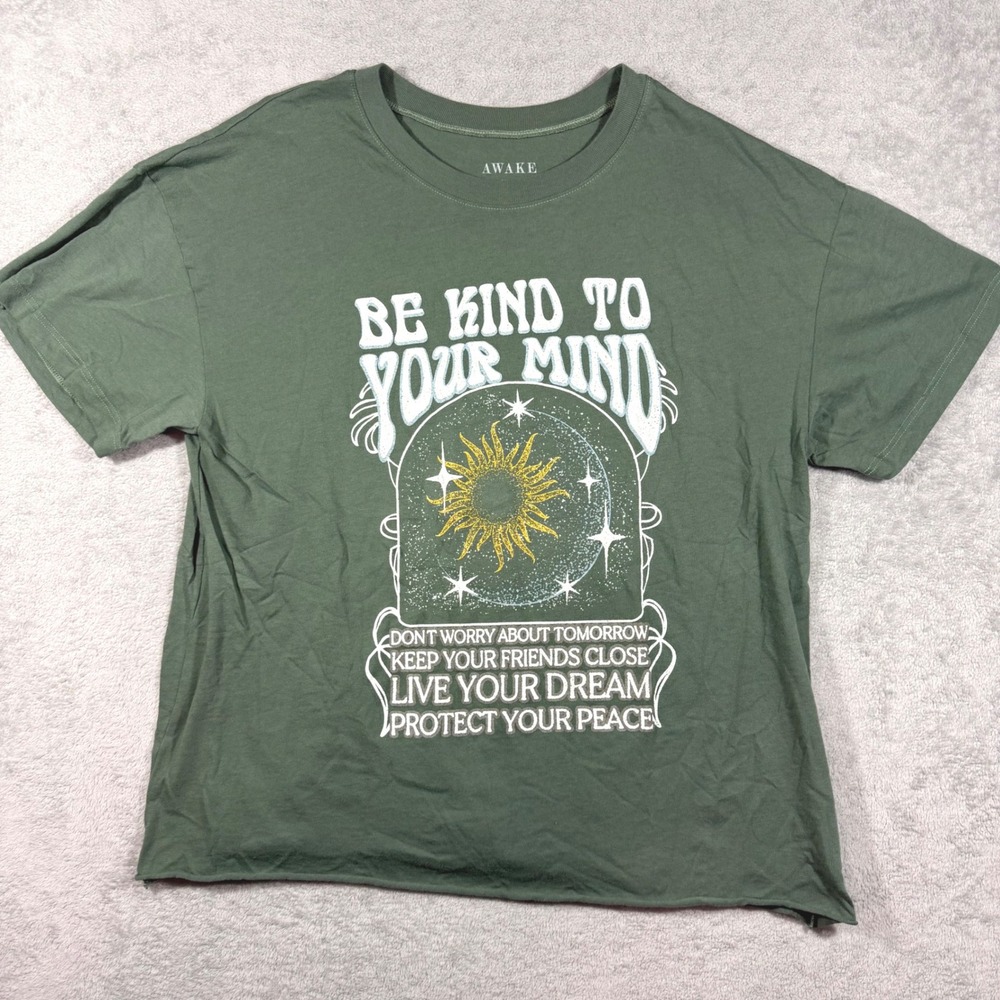 Awake Graphic T-Shirt Mens XXL Green Be Kind To Your Mind Celestial Raw Hem
